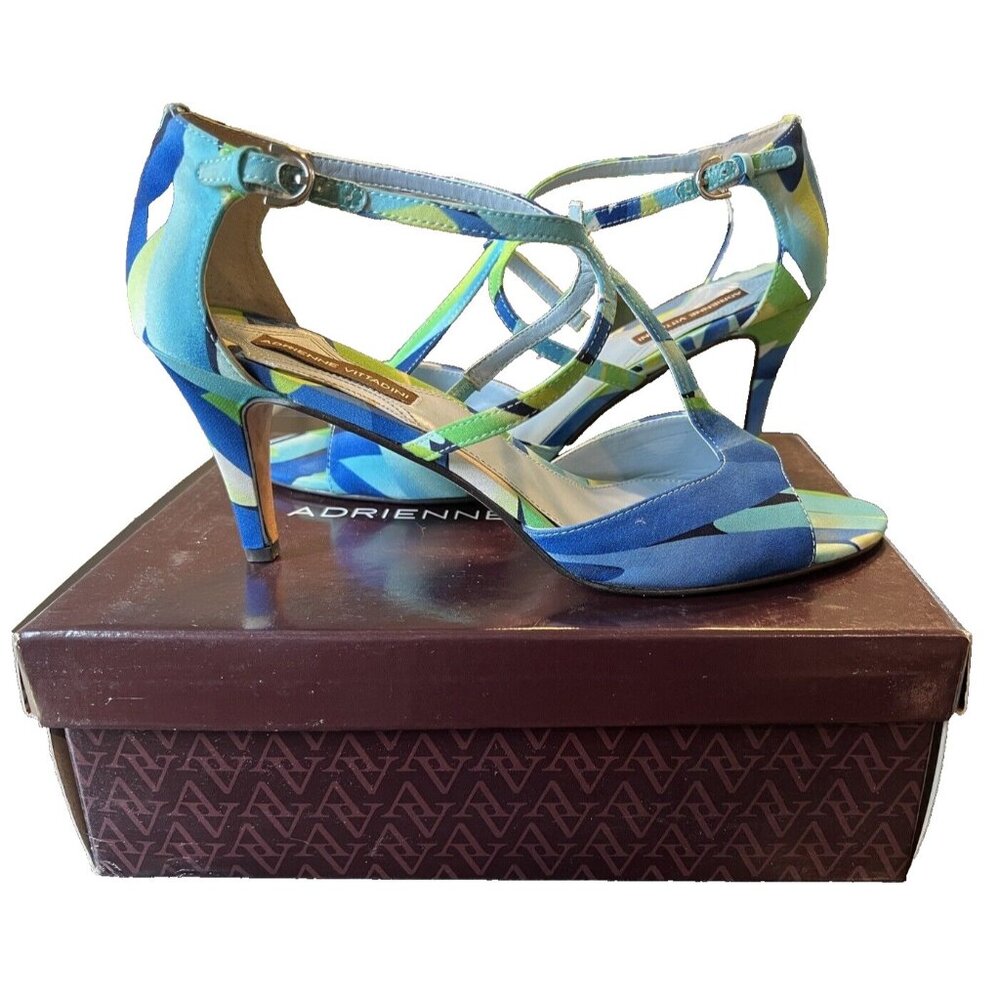 Adrienne Vittadini Blue Green T-Strap Sandals Pumps Heels Womens 10 M Serena